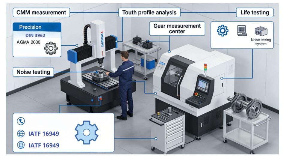 Gear precision quality control workflow showing DIN 3962 standards implementation and SPC statistical process control monitoring